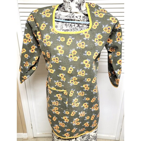 Unbranded Other - Classic Homemade Full Apron Women Green Yellow Floral 3/4 Sleeve Back Tie